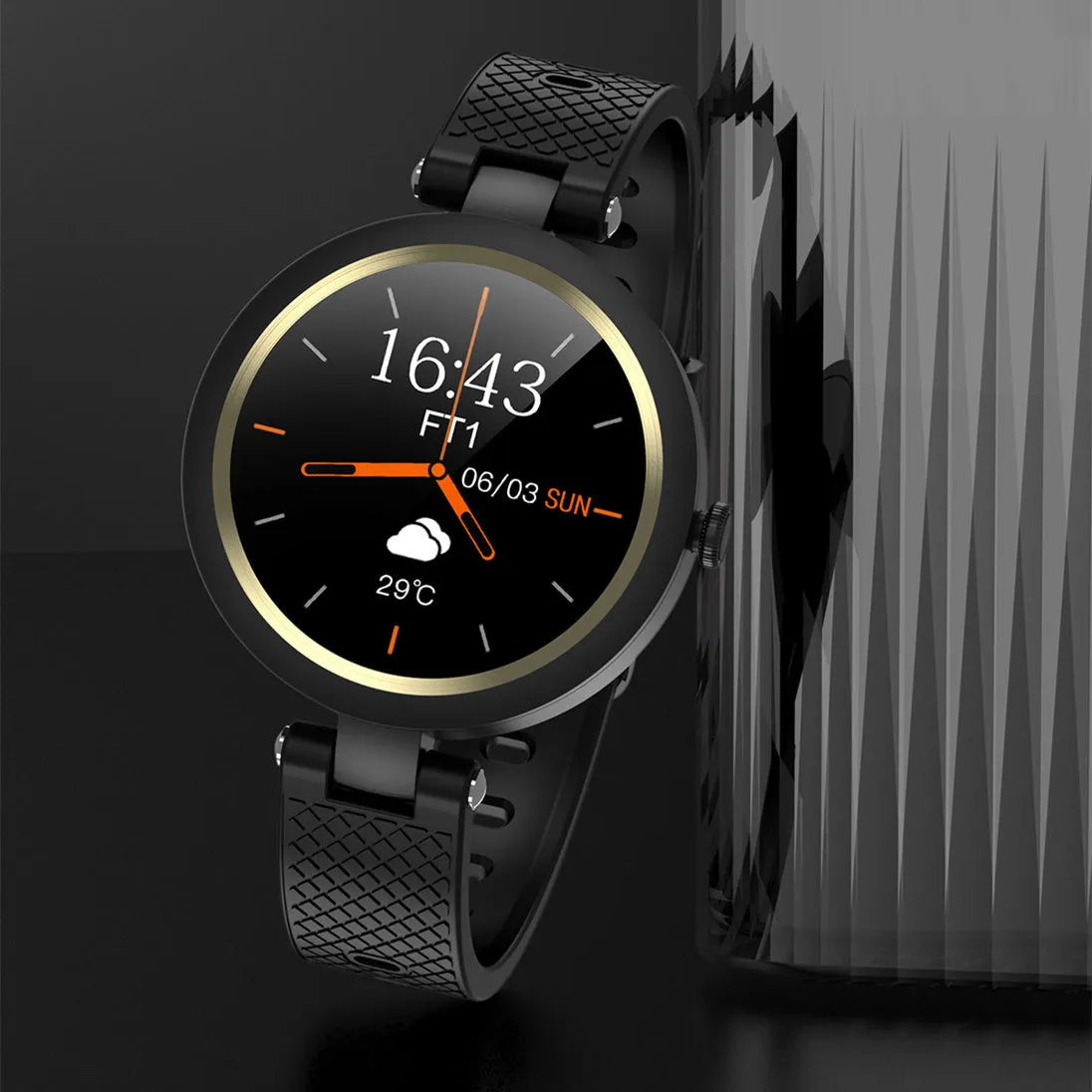 Full touch screen smart watch with heart rate monitor, silicone strap, 1.1 inch display, black colour
