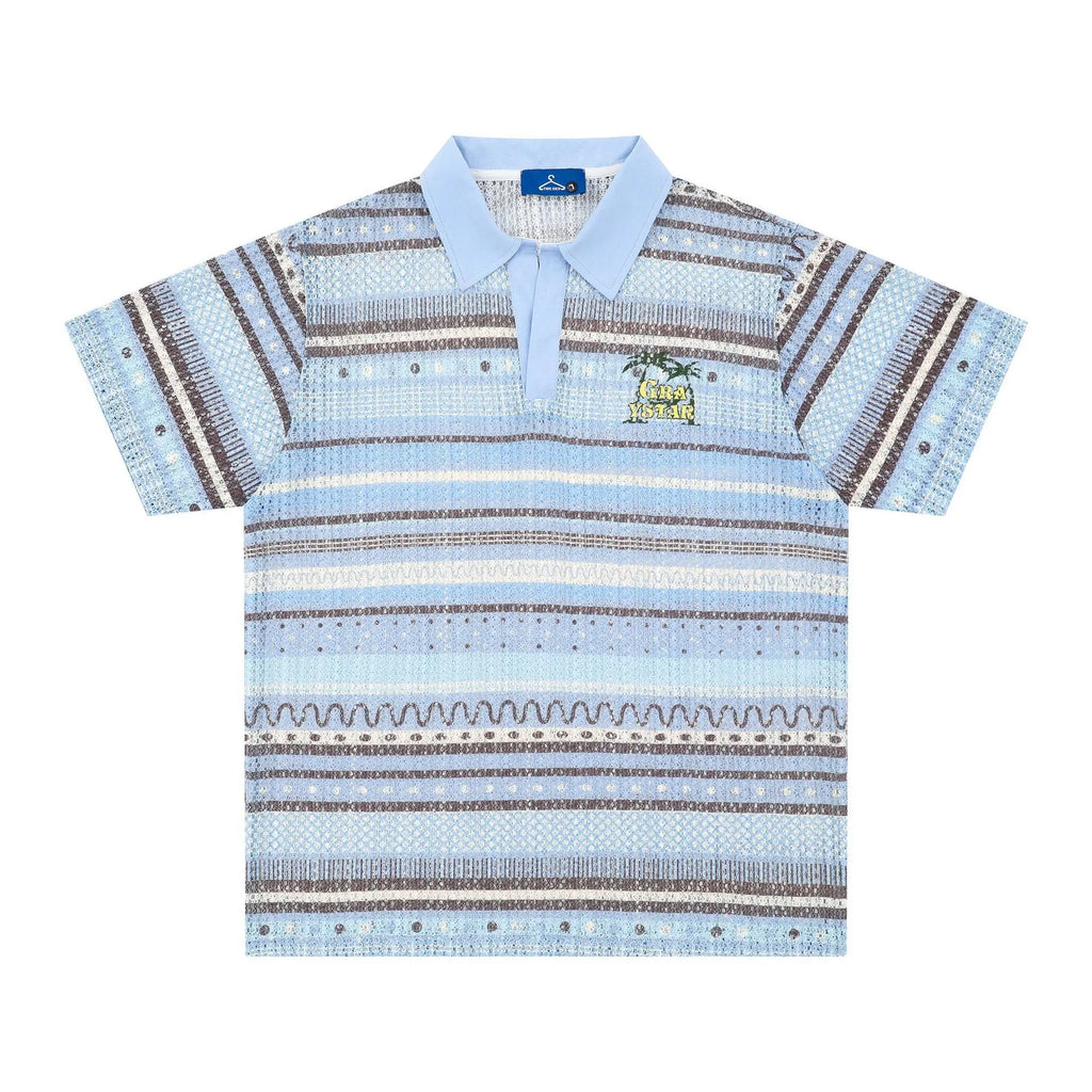 Men's blue printed casual shirt with short sleeves and loose fit
