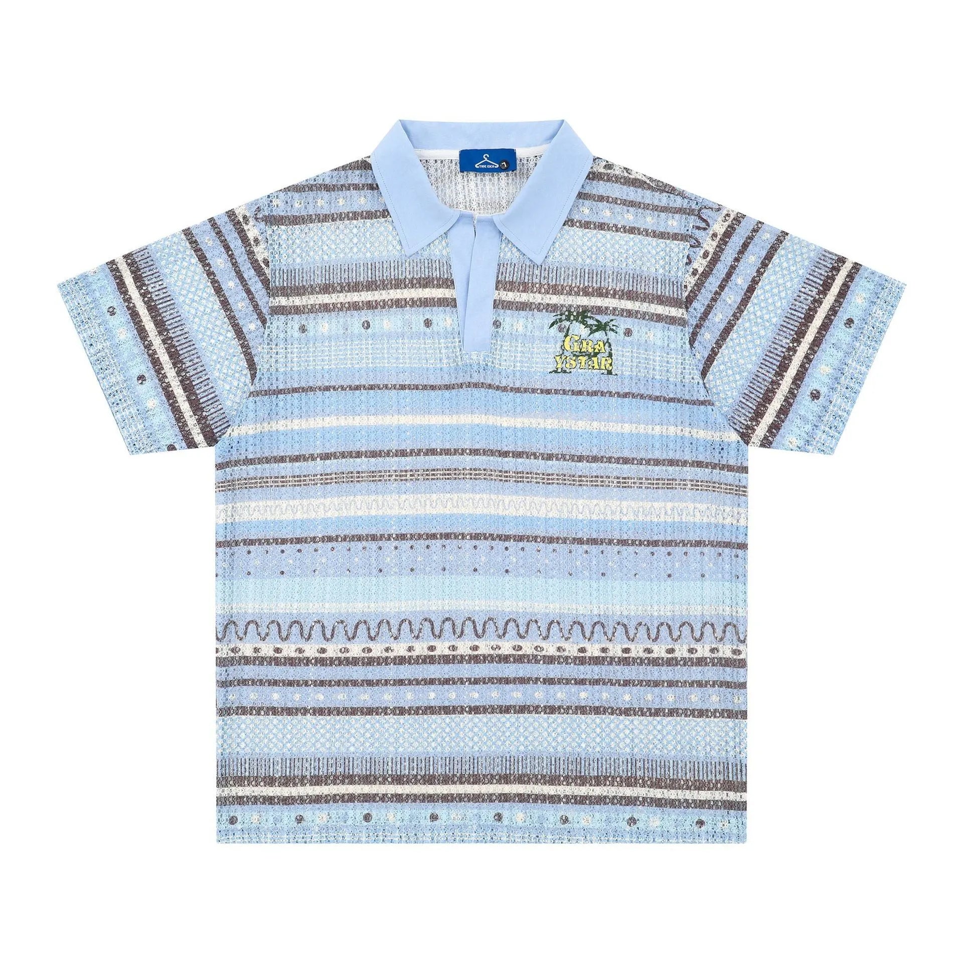 Men's blue printed casual shirt with short sleeves and loose fit