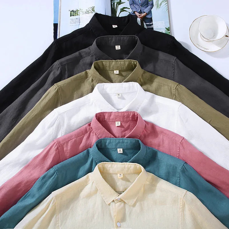 Pure linen men's cardigan-style shirt in one of nine solid colours with long sleeves and simple design