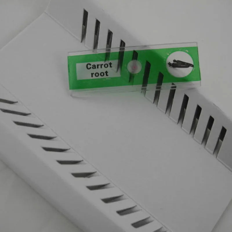 48 plastic educational microscope slides with plant and animal specimens in red, green, yellow, blue boxes.