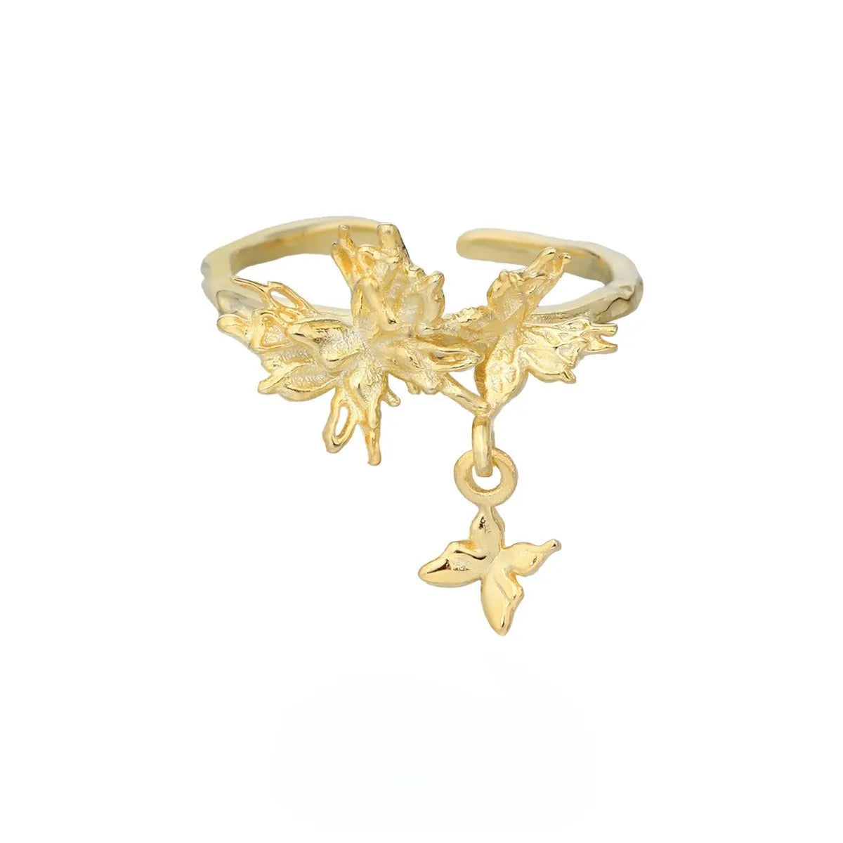 Silver butterfly ring with adjustable opening in gold-colour finish