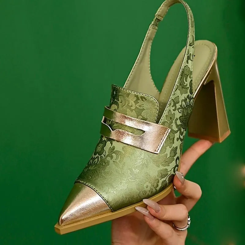 Korean style chunky heel sandals with pointed toe and high-cut elastic strap in three colours