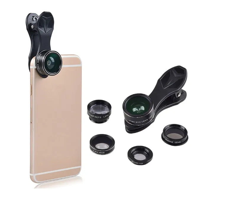 Universal 5-in-1 clip-on phone lens kit with wide angle macro fisheye telephoto and CPL lenses in black
