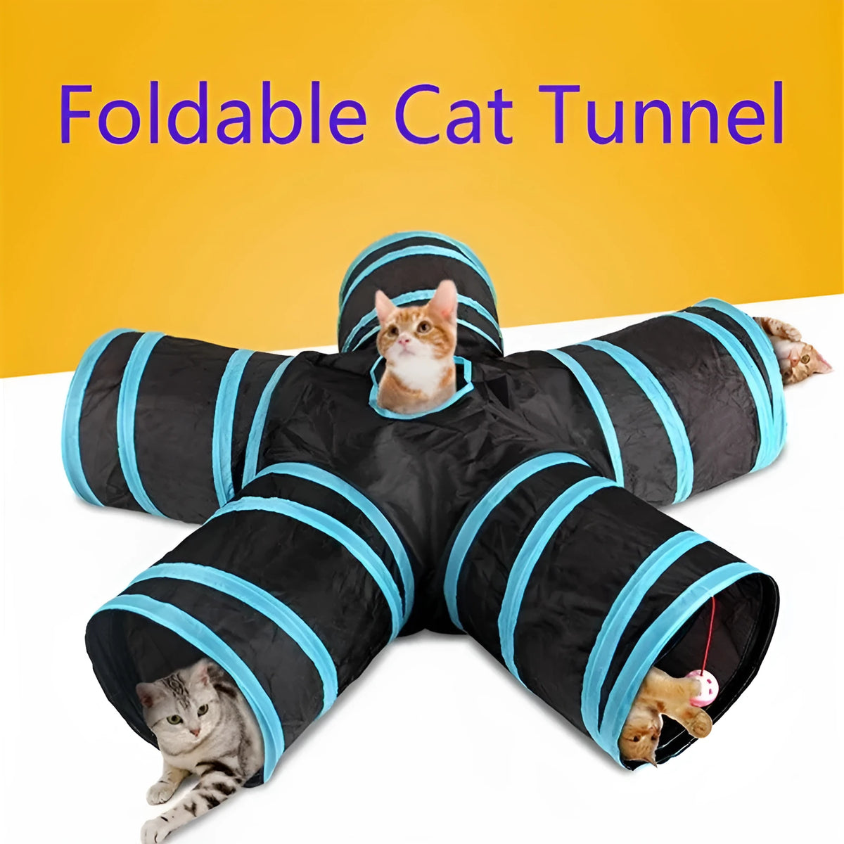 Foldable multi-channel pet tunnel in blue or pink for small pets, polyester and steel wire, indoor use