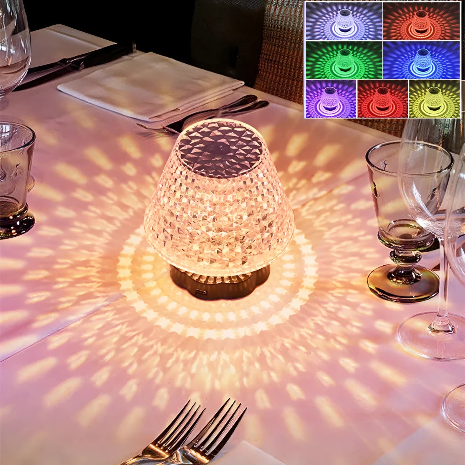 Diamond crystal table lamp with touch sensor base, USB rechargeable, 8.5 cm diameter