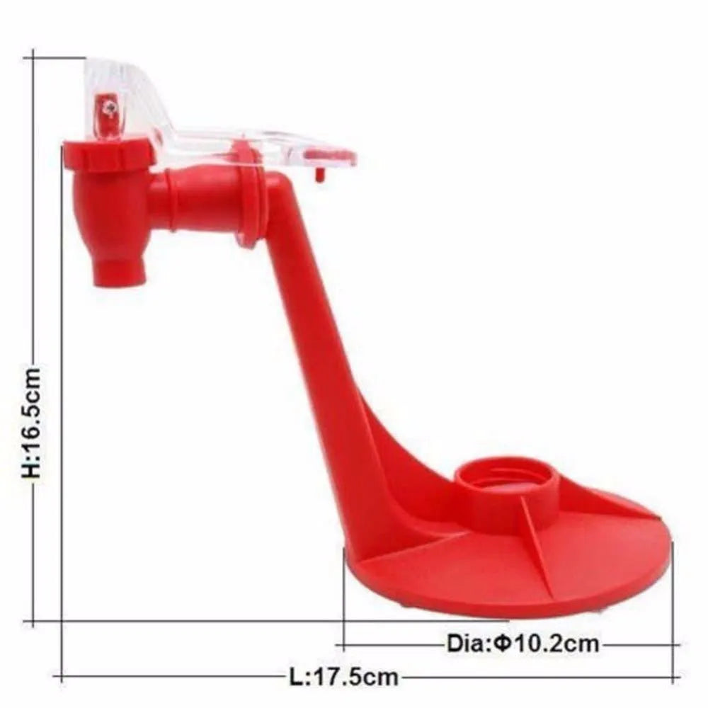 Red plastic Magic Tap soda drink dispenser for 2-litre bottles on a kitchen counter.