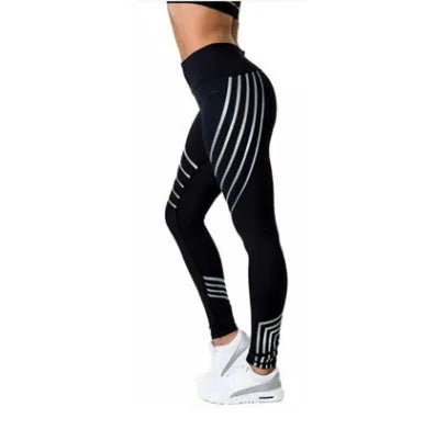 Women's black glow-in-the-dark fitness leggings with reflective print in pencil pants style