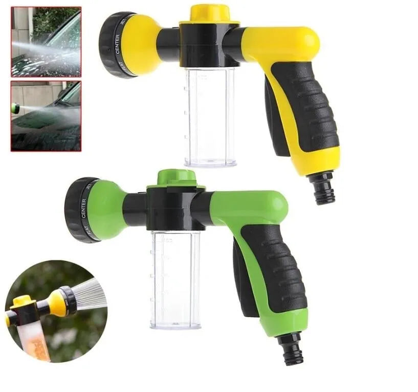 Green high-pressure foam spray gun with adjustable nozzle for car washing and household cleaning tasks