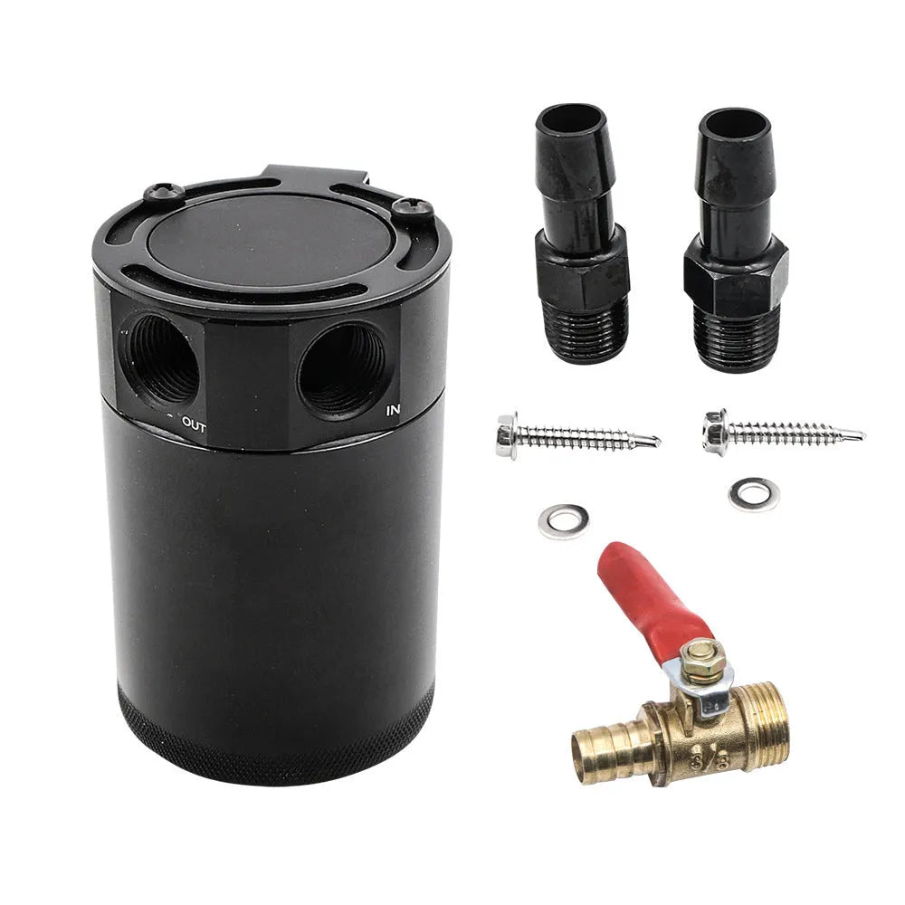 Black aluminium automotive oil pot with connectors and installation hardware