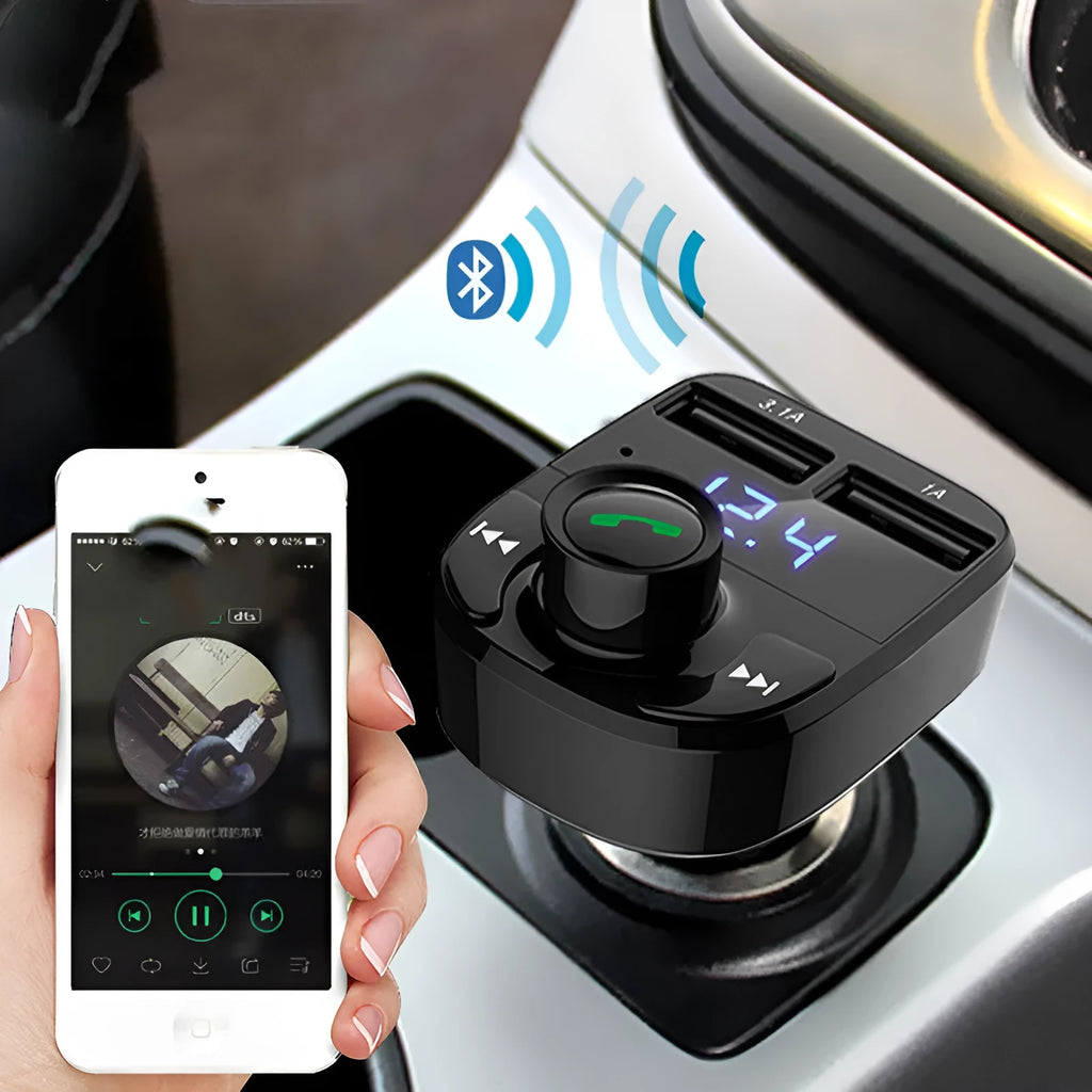 HY82 car Bluetooth MP3 player and FM transmitter with dual USB ports plugged into a car cigarette lighter.
