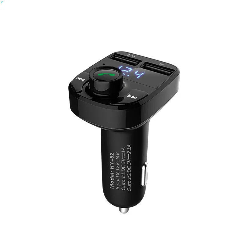 HY82 car Bluetooth MP3 player and FM transmitter with dual USB ports plugged into a car cigarette lighter.