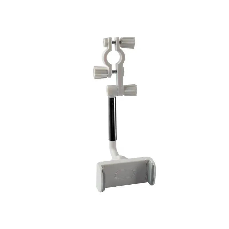 Black ABS plastic mobile phone bracket mounted on car rearview mirror holding smartphone