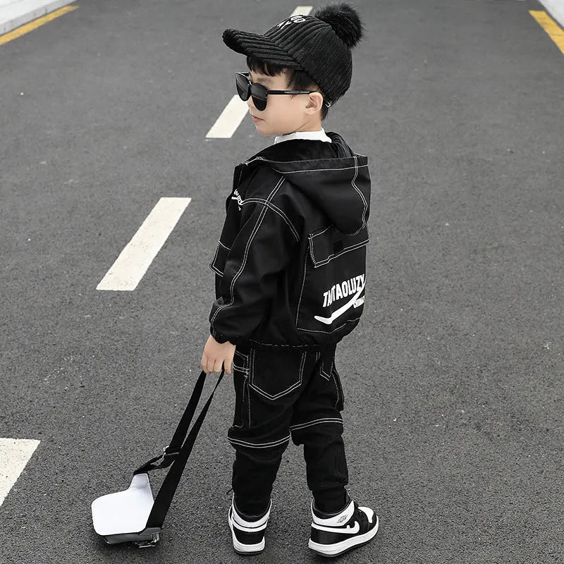 Children's natural coloured cotton three-piece suit with jacket and jeans in black for little boys