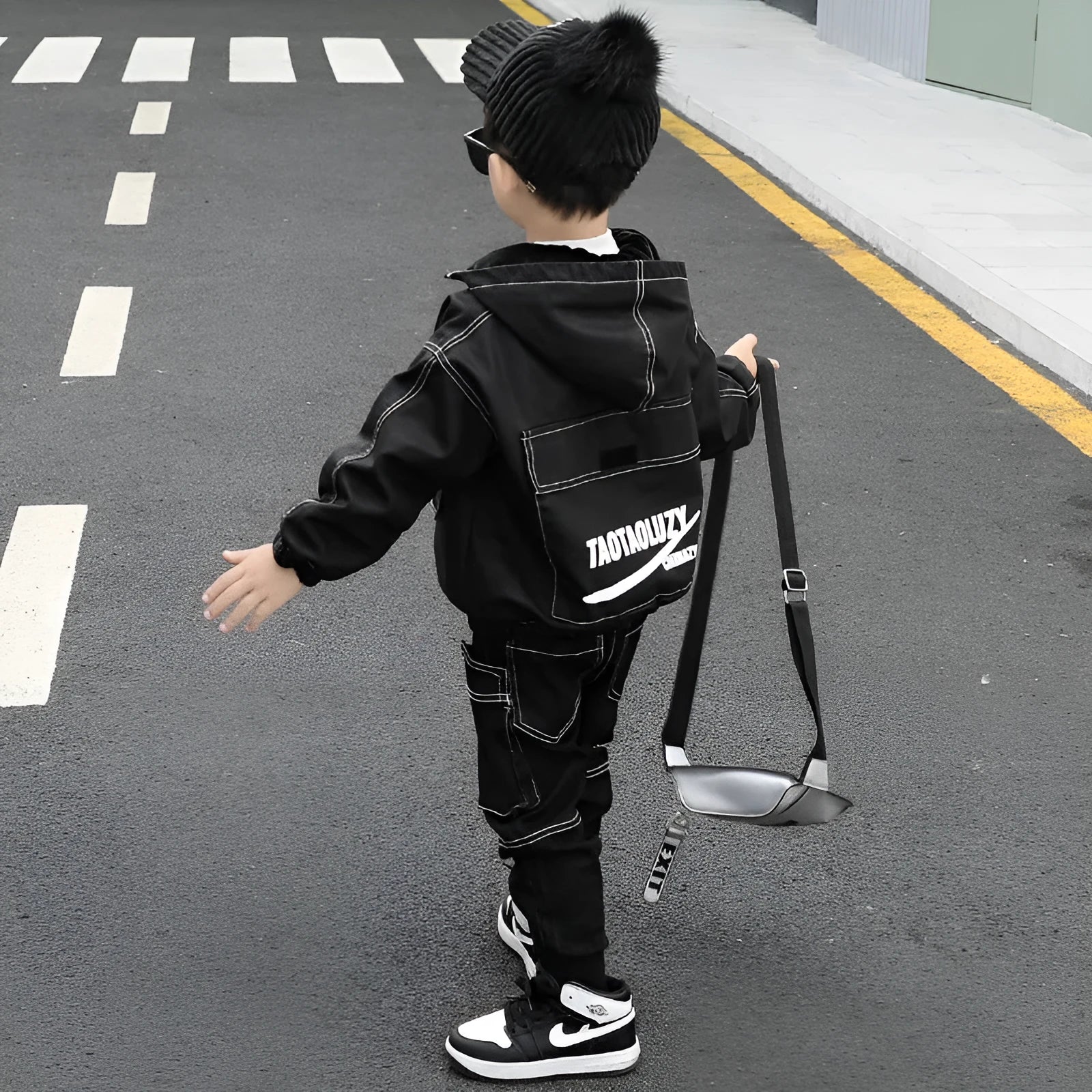 Children's natural coloured cotton three-piece suit with jacket and jeans in black for little boys