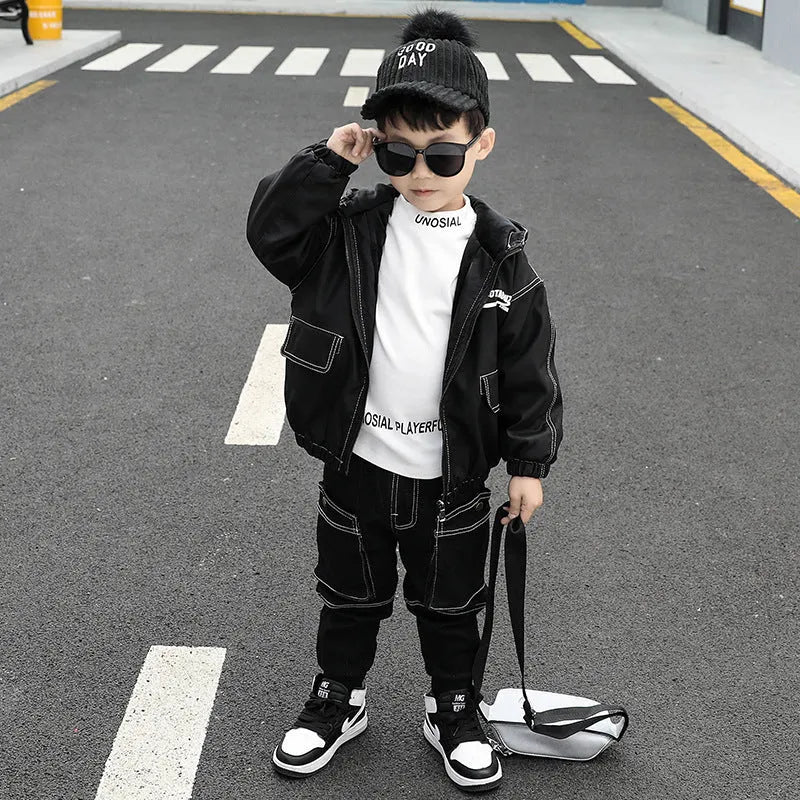 Children's natural coloured cotton three-piece suit with jacket and jeans in black for little boys