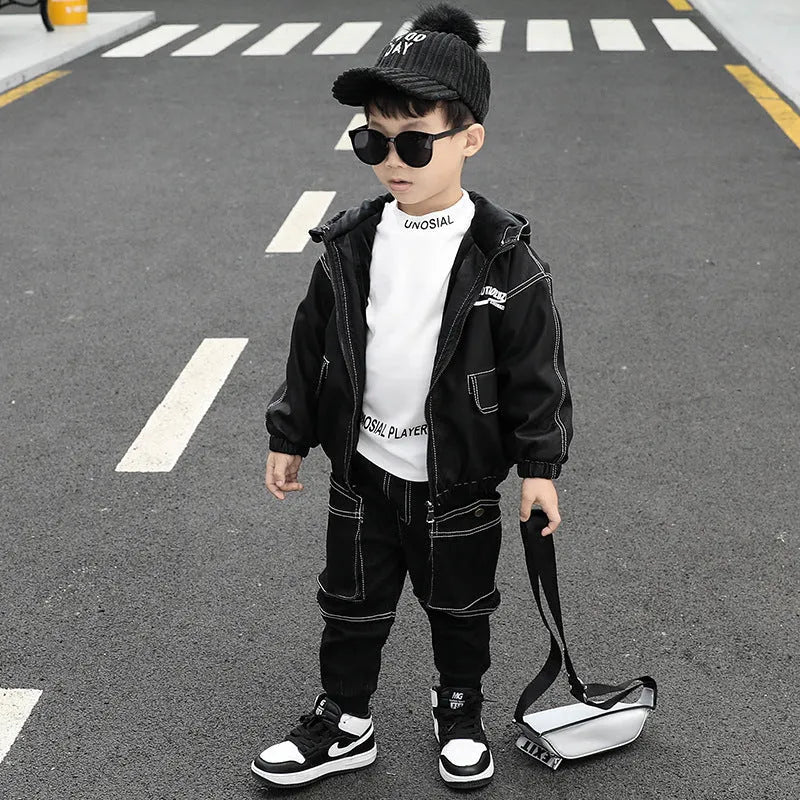 Children's natural coloured cotton three-piece suit with jacket and jeans in black for little boys