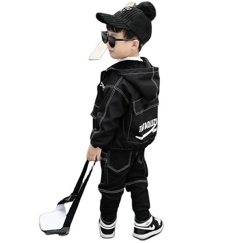 Children's natural coloured cotton three-piece suit with jacket and jeans in black for little boys