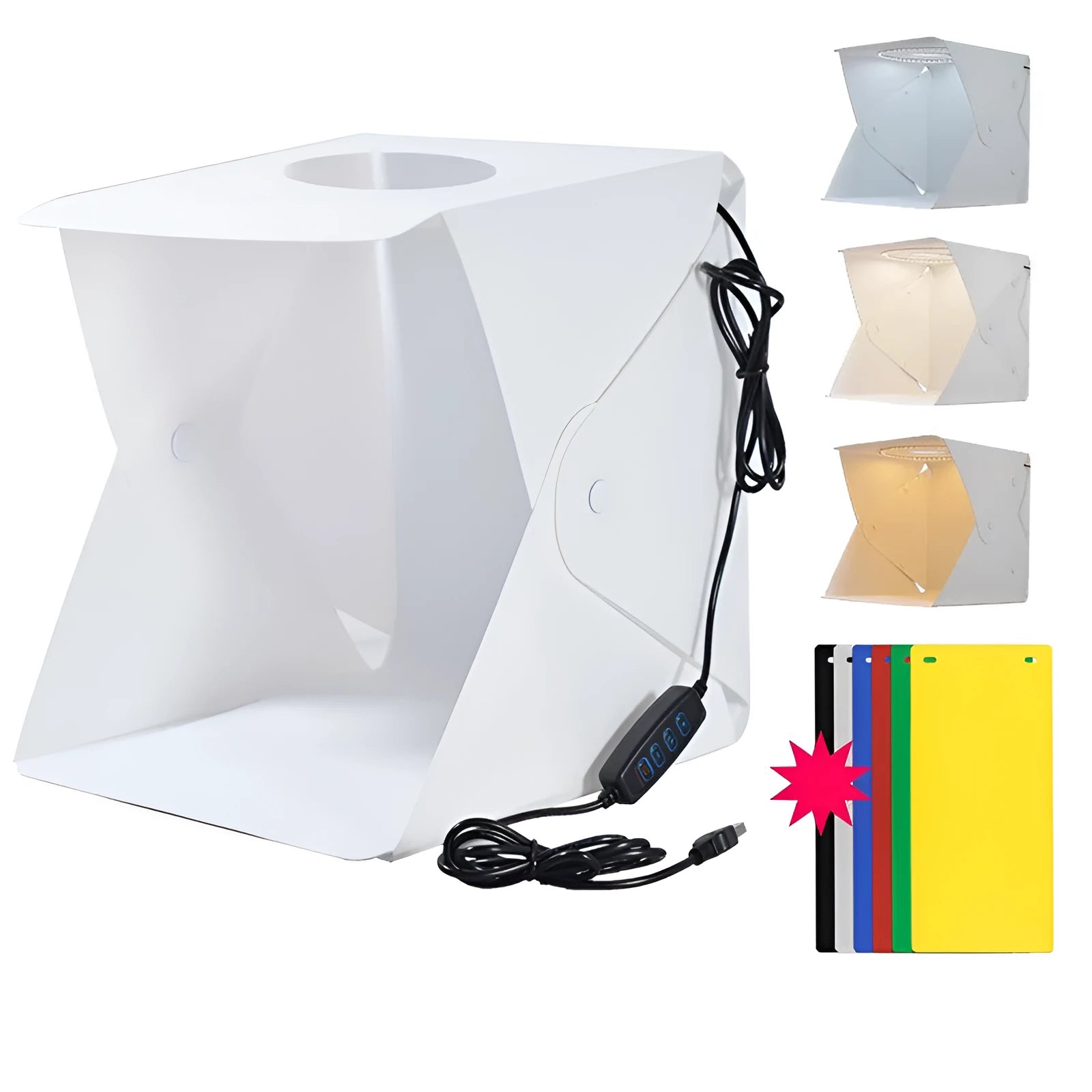 40cm folding soft light box with adjustable LED ring light and six colourful background cloths for product photography.