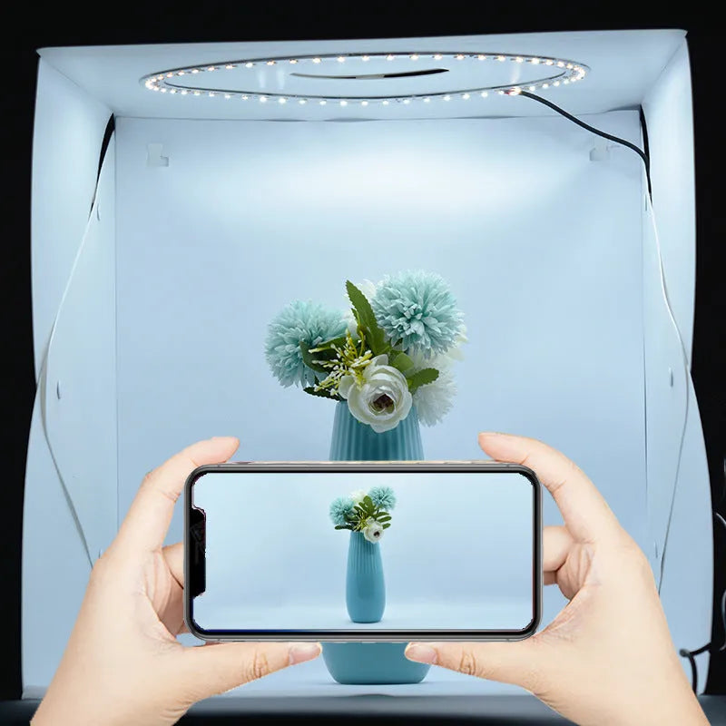 40cm folding soft light box with adjustable LED ring light and six colourful background cloths for product photography.