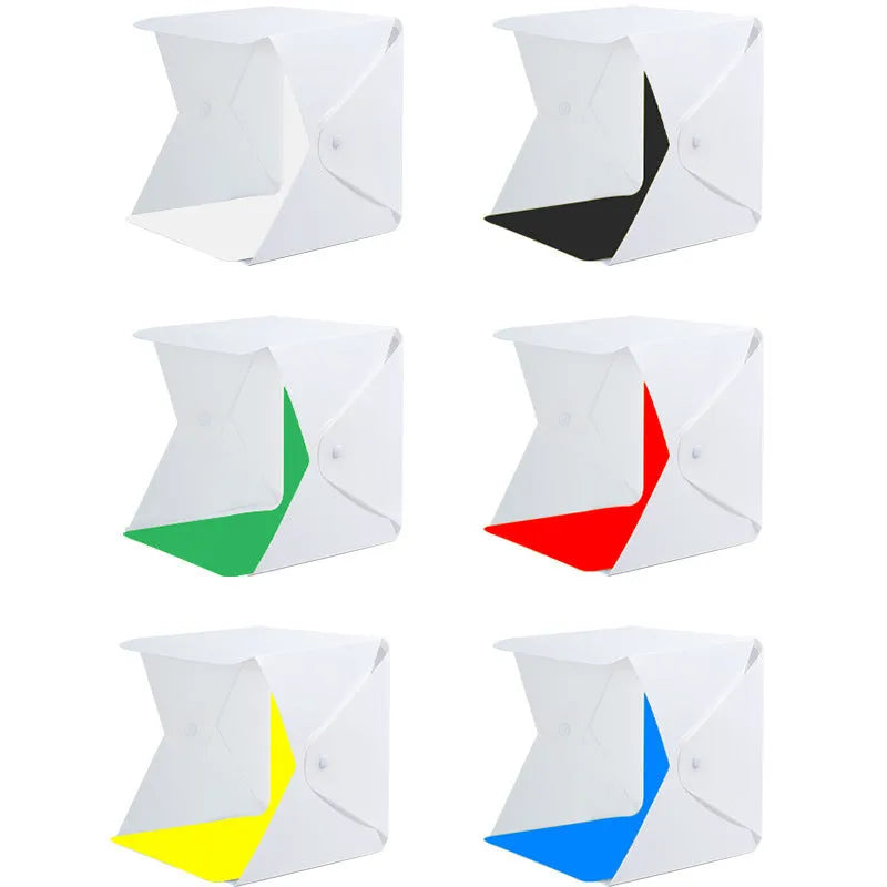 40cm folding soft light box with adjustable LED ring light and six colourful background cloths for product photography.