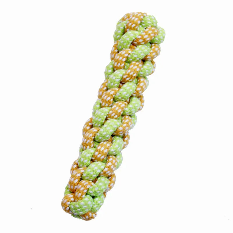 Hand woven cotton rope dog knot toy in vibrant colour set for interactive play