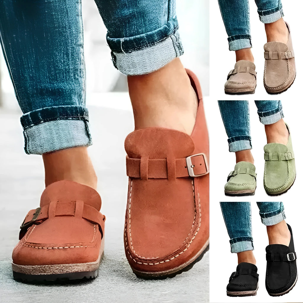 Frosted suede round head flat slippers with belt buckle detail, foam sole, in apricot colour