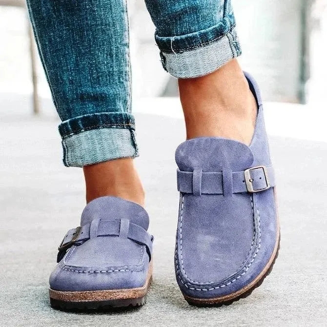 Frosted suede round head flat slippers with belt buckle detail, foam sole, in apricot colour