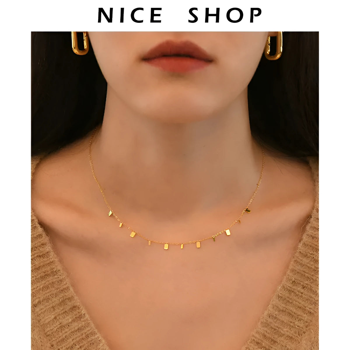 Gold titanium steel necklace with round circle, waterdrop and rectangle charms on a cross chain, adjustable 21-50cm.