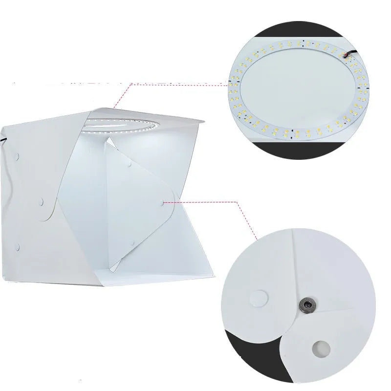 40cm folding soft light box with adjustable LED ring light and six colourful background cloths for product photography.