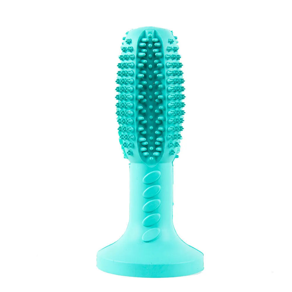 Blue rubber dog molar teeth cleaning stick with textured surface, size 6.5x14.5cm
