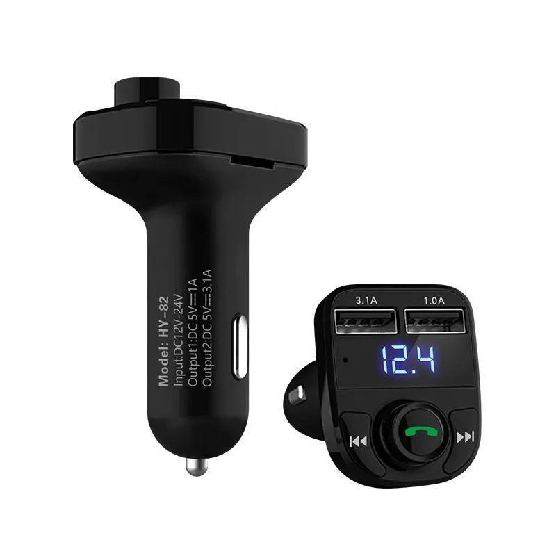 HY82 car Bluetooth MP3 player and FM transmitter with dual USB ports plugged into a car cigarette lighter.