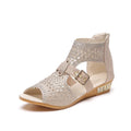 Women's flat wedge sandals with back zip fastening in artificial PU patent leather
