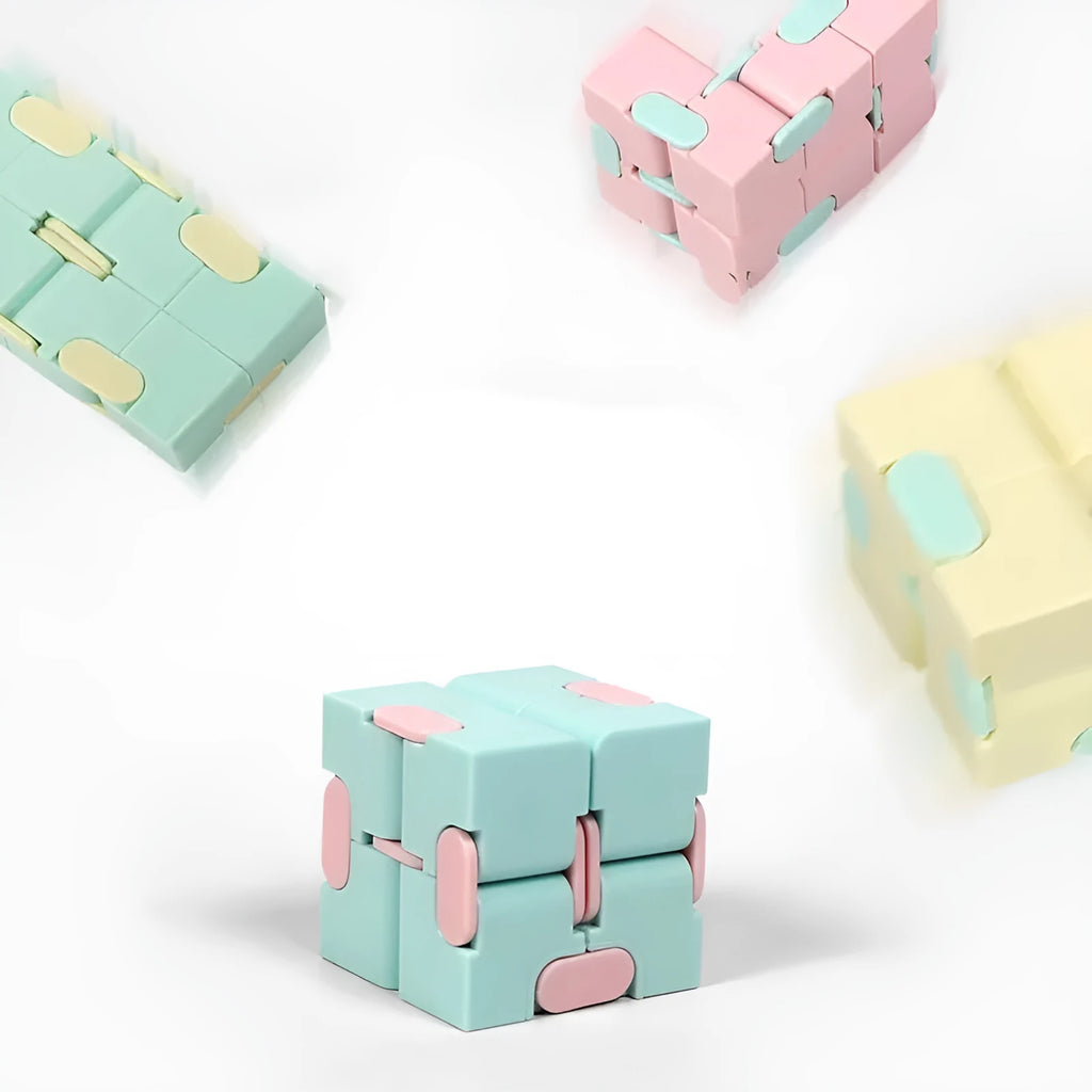 Infinity cube fidget puzzle toy in random colour, showing eight cubes that rotate freely in any direction