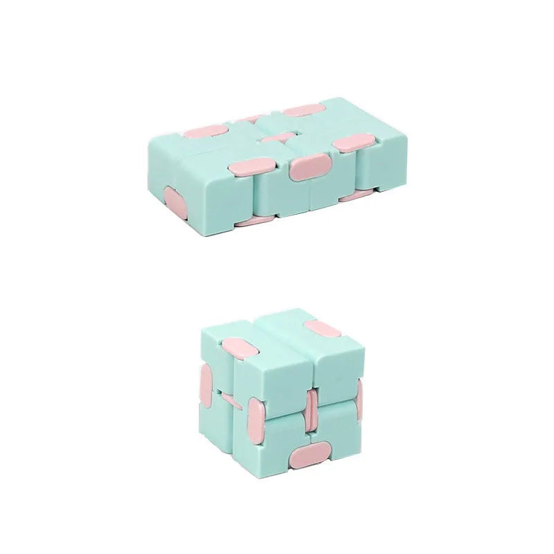 Infinity cube fidget puzzle toy in random colour, showing eight cubes that rotate freely in any direction