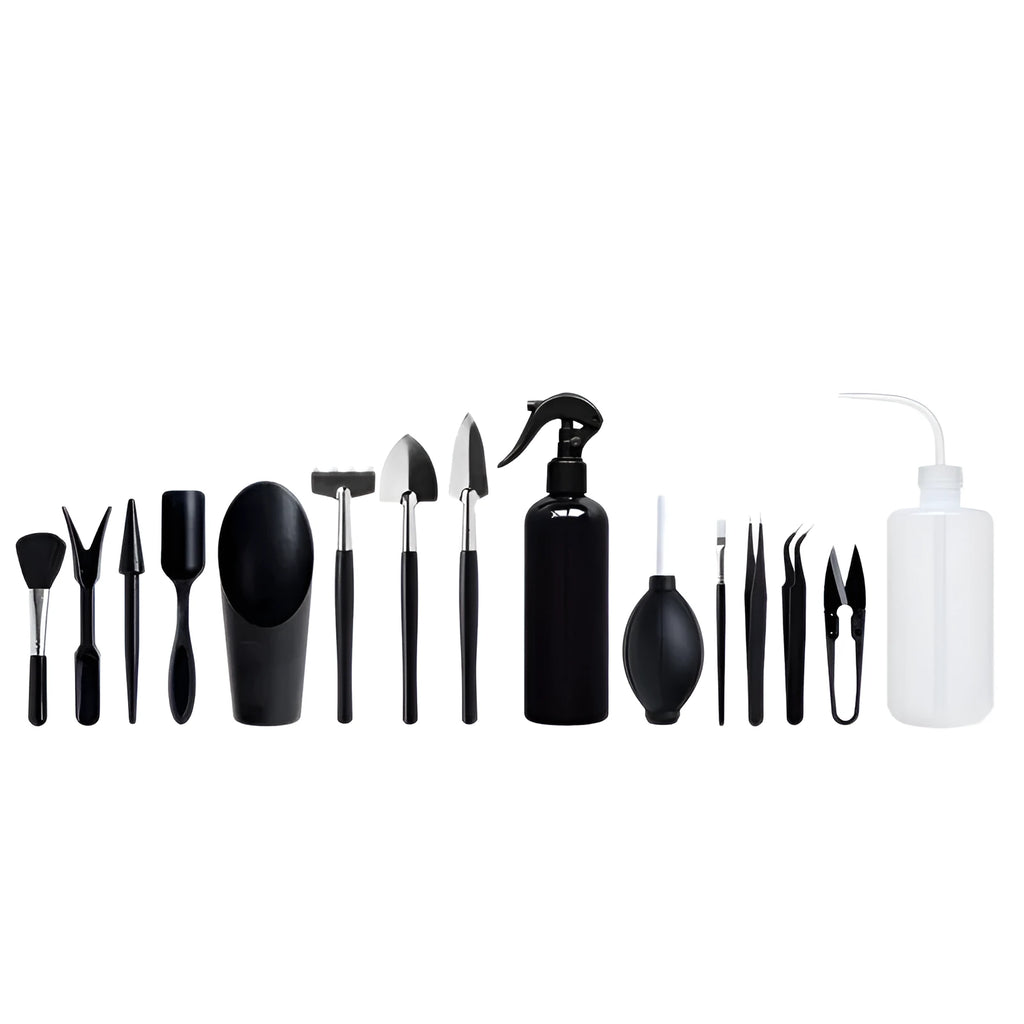 Black succulent gardening tools set with 17 pieces including scissors, tweezers, shovel, watering bottle, and cushion