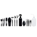 Black succulent gardening tools set with 17 pieces including scissors, tweezers, shovel, watering bottle, and cushion
