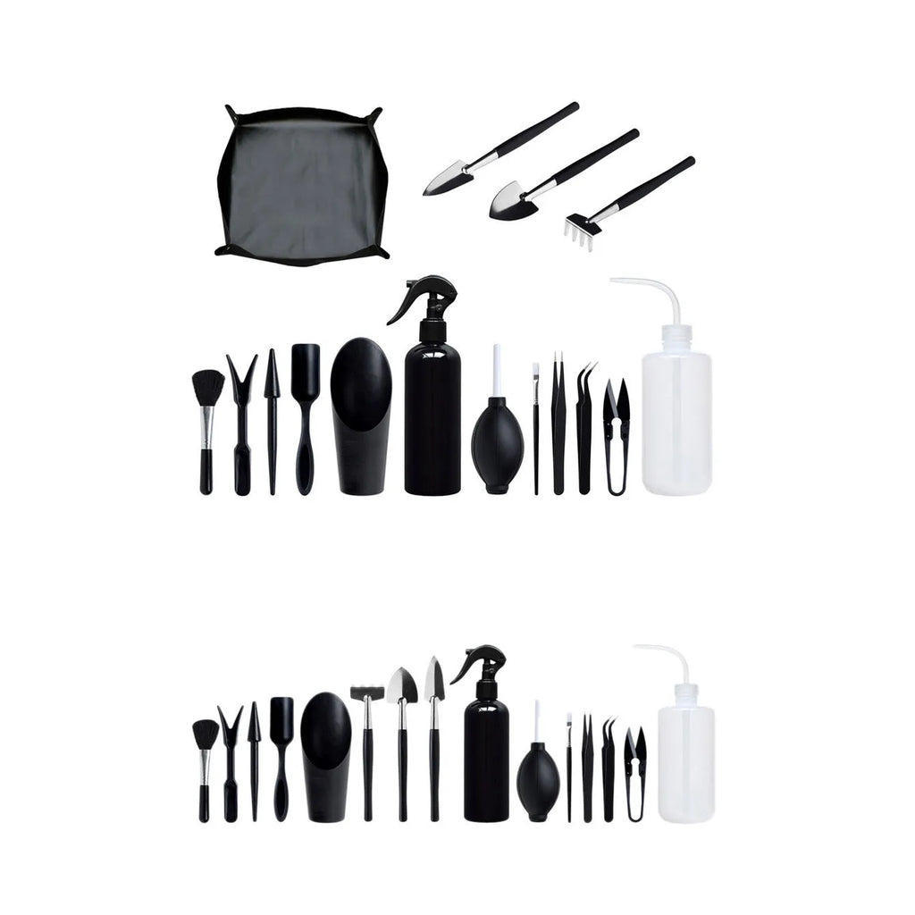 Black succulent gardening tools set with 17 pieces including scissors, tweezers, shovel, watering bottle, and cushion