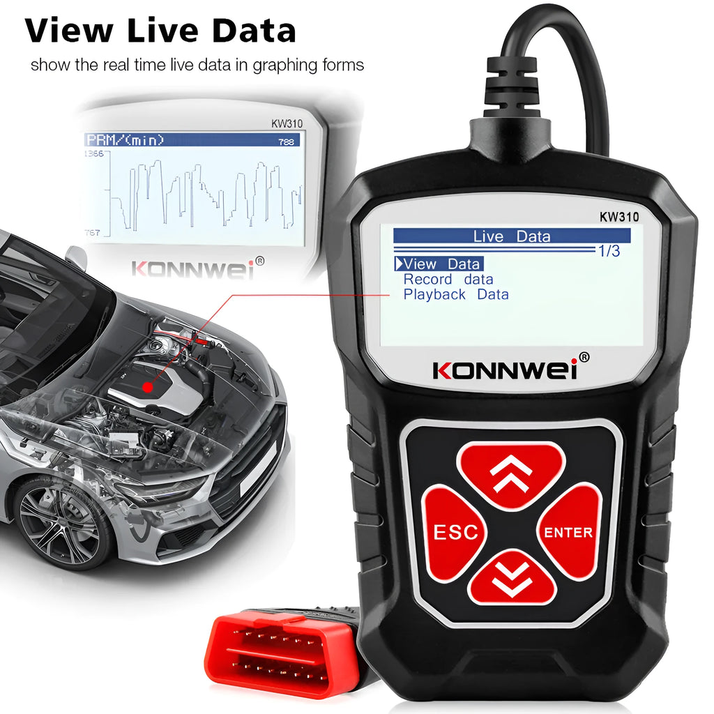 Black handheld car scanner diagnostic tool for 12V petrol vehicles reading automobile trouble codes