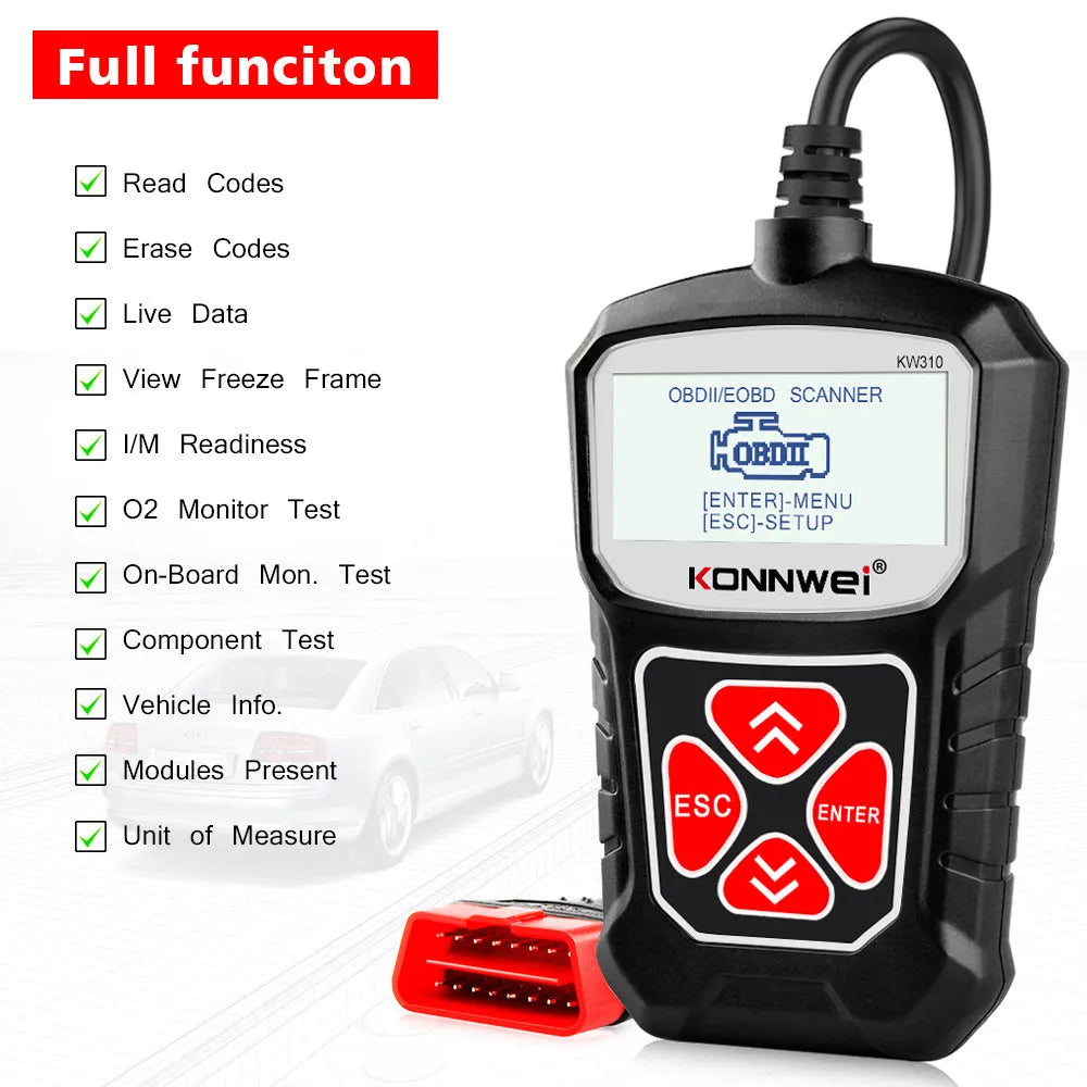 Black handheld car scanner diagnostic tool for 12V petrol vehicles reading automobile trouble codes