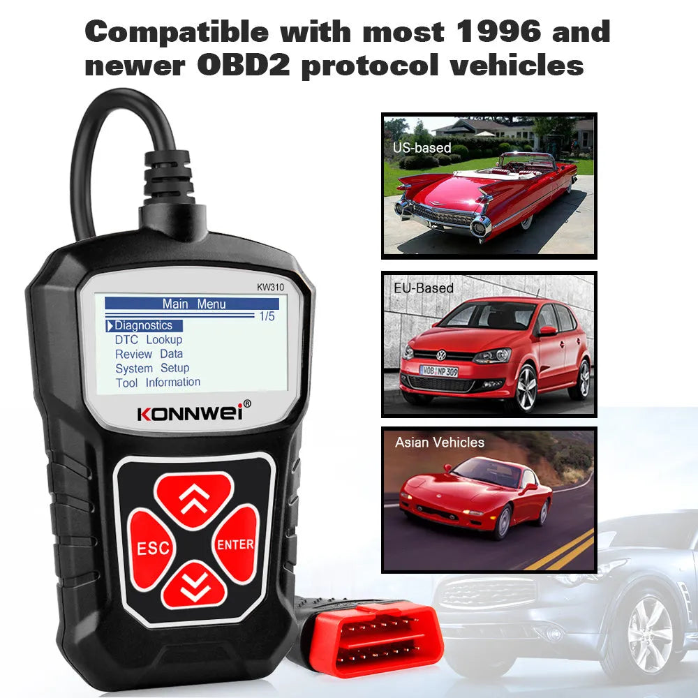 Black handheld car scanner diagnostic tool for 12V petrol vehicles reading automobile trouble codes