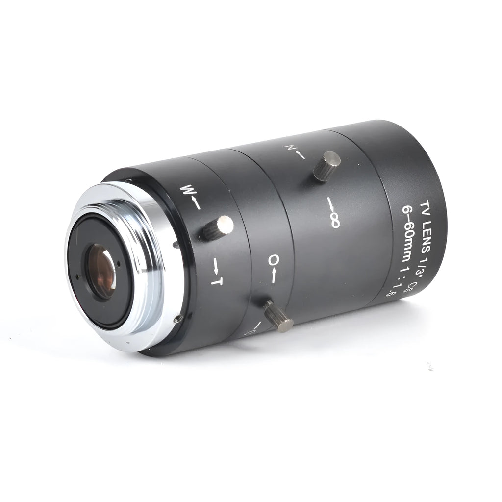 Black 6-60mm manual aperture CS mount CCTV camera lens on white background.