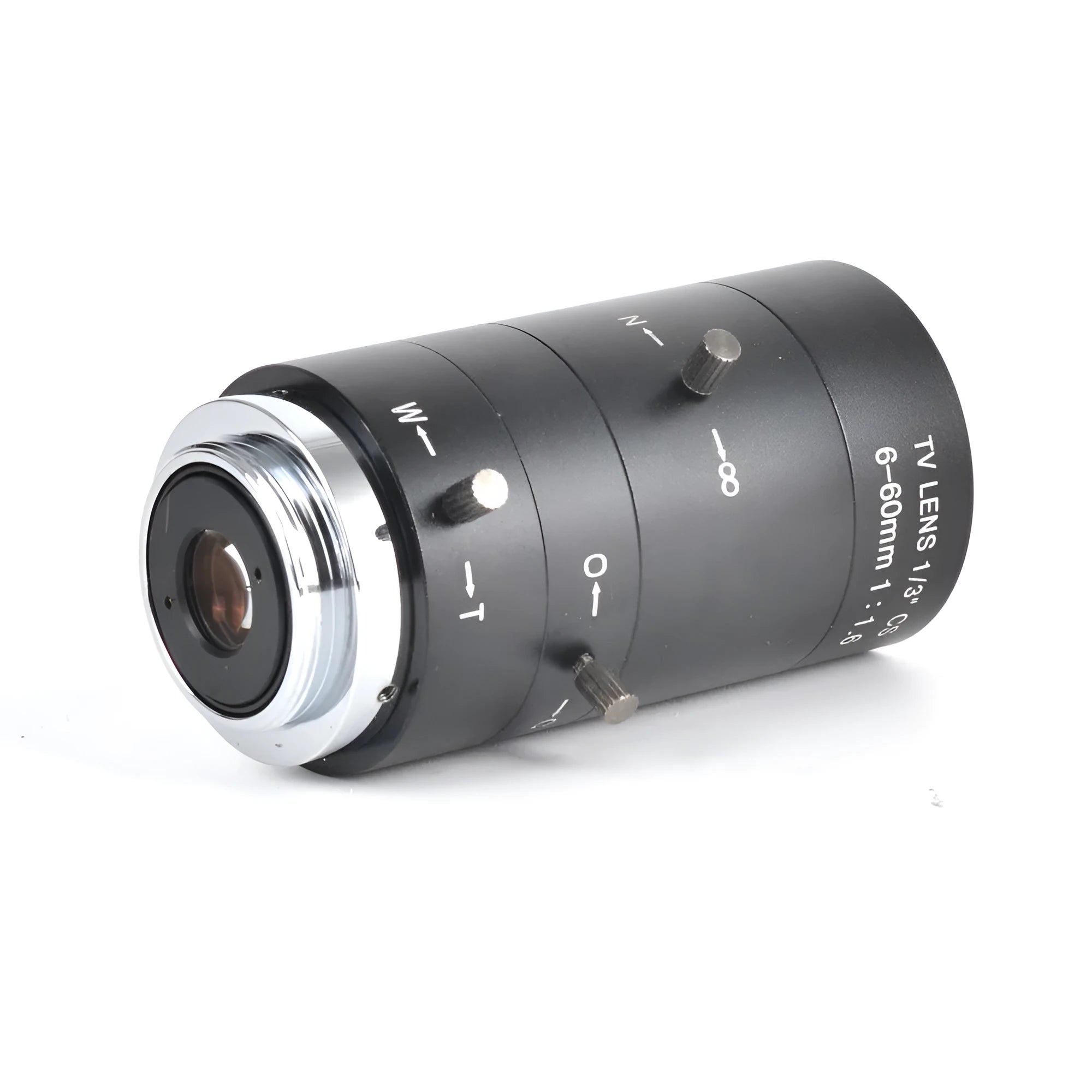 Black 6-60mm manual aperture CS mount CCTV camera lens on white background.