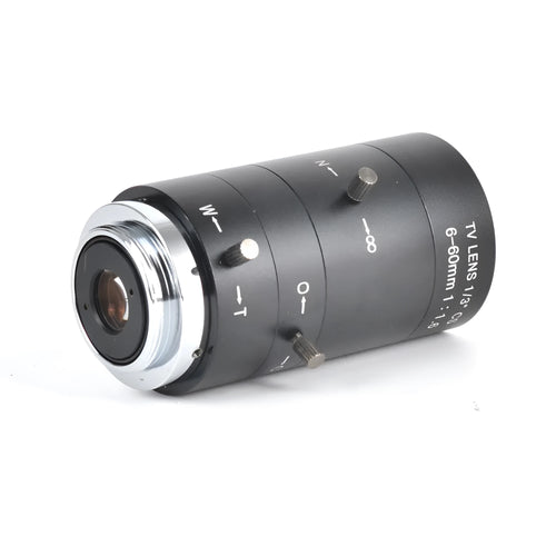 Black 6-60mm manual aperture CS mount CCTV camera lens on white background.