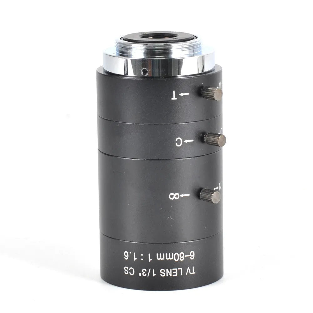 Black 6-60mm manual aperture CS mount CCTV camera lens on white background.