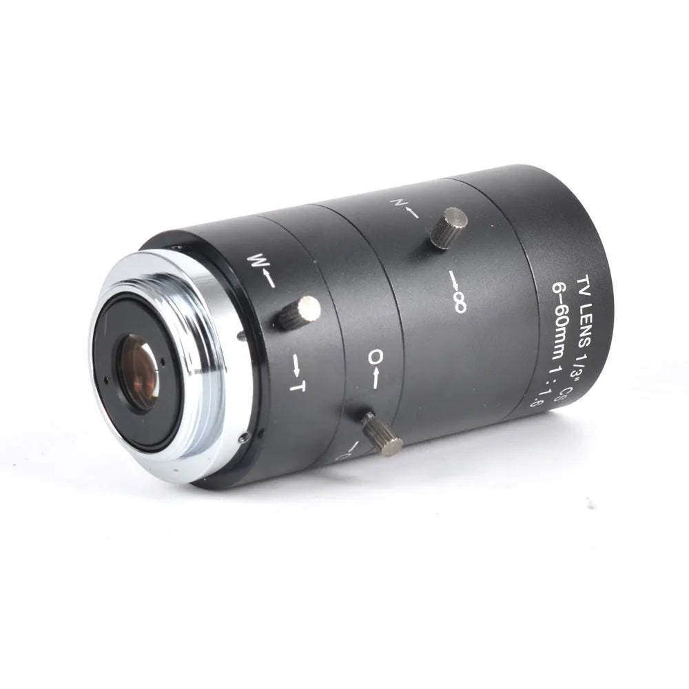Black 6-60mm manual aperture CS mount CCTV camera lens on white background.