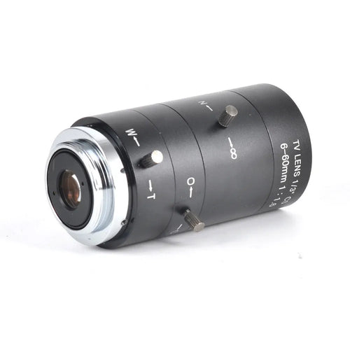Black 6-60mm manual aperture CS mount CCTV camera lens on white background.