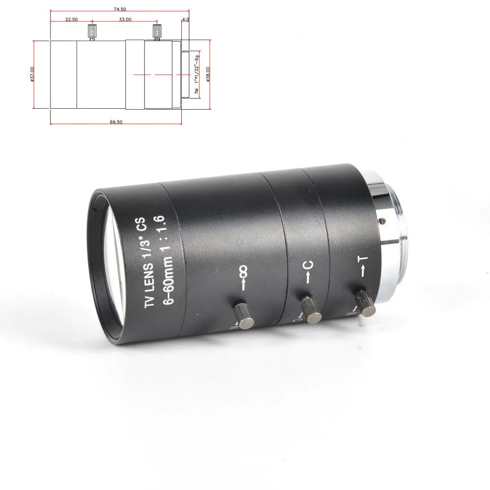 Black 6-60mm manual aperture CS mount CCTV camera lens on white background.