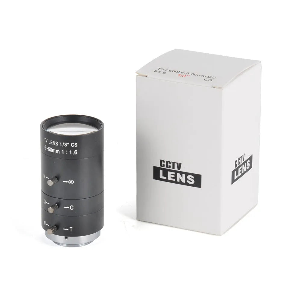 Black 6-60mm manual aperture CS mount CCTV camera lens on white background.