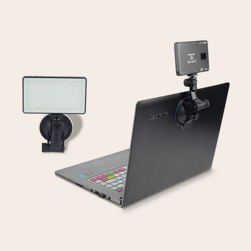 Black aluminium USB LED video light panel with 96 LEDs, shown with a USB-C cable and a 1/4 inch mount thread.